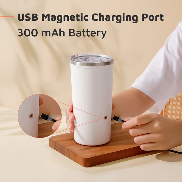 Porodo Lifestyle Auto-Stirring Insulated Mug with 400mL Capacity, Anti-Slip Base, 300mAh Battery Capacity, 120-Seconds Mixing Time with Auto-Stop - White