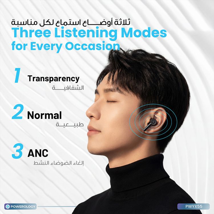 Powerology Saba In-Ear Earbuds with Active Noise Cancellation, Up to 5 Hours Battery Life, Bluetooth Version 6.0, Up to 10m Bluetooth Range,  Type-C Charging Port, Secure In-Ear Fit, Seamless Auto Pairing - Black