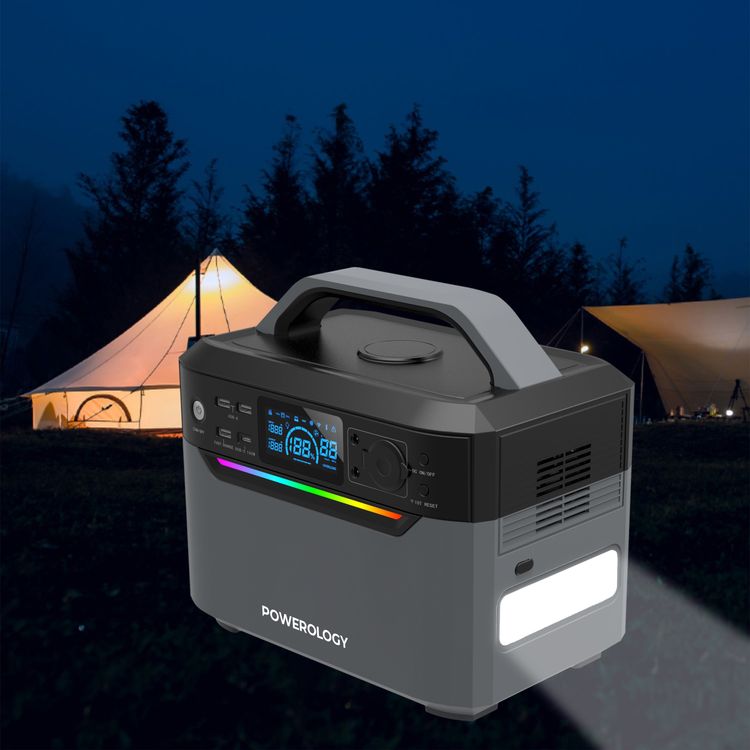 Powerology 600W Power Generator with Dual AC Sockets, USB-C, Dual USB-A & Wireless Outputs, Built-in Flashlight, 120000mAh Battery Capacity, Solar Charging Capability, Portable Design - Black