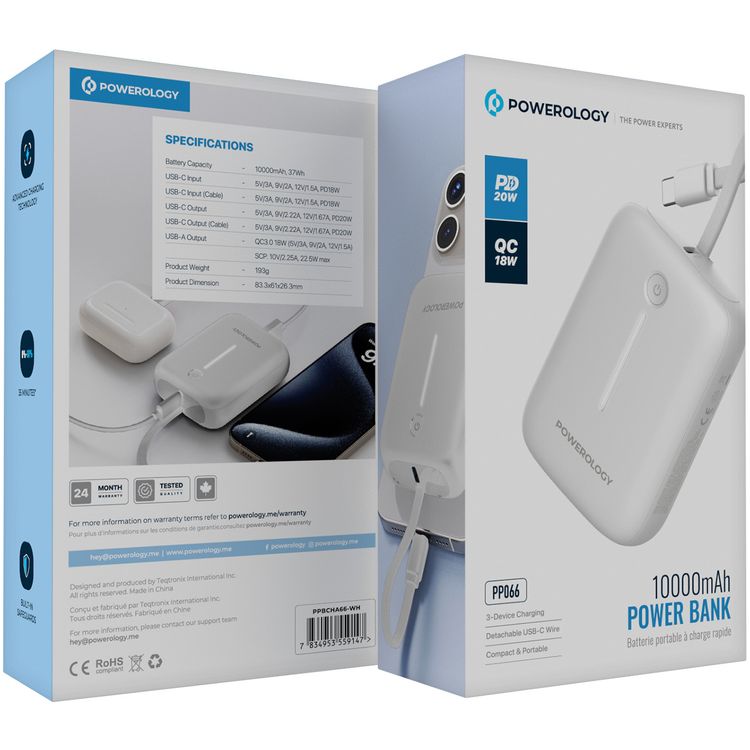 Powerology 10000mAh Power Bank with Detachable USB-C Wire, 20W Power Delivery, 3-Device Charging, Long Time Standby, Universal Phone Compatibility, Built-in Safeguards - White