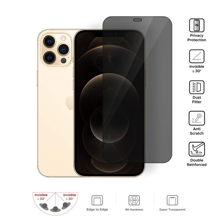 واقي شاشة كامل للخصوصية من Liberty Guard بحافة مستديرة سوداء مع فلتر غبار لهاتف iPhone 12 / 12 Pro