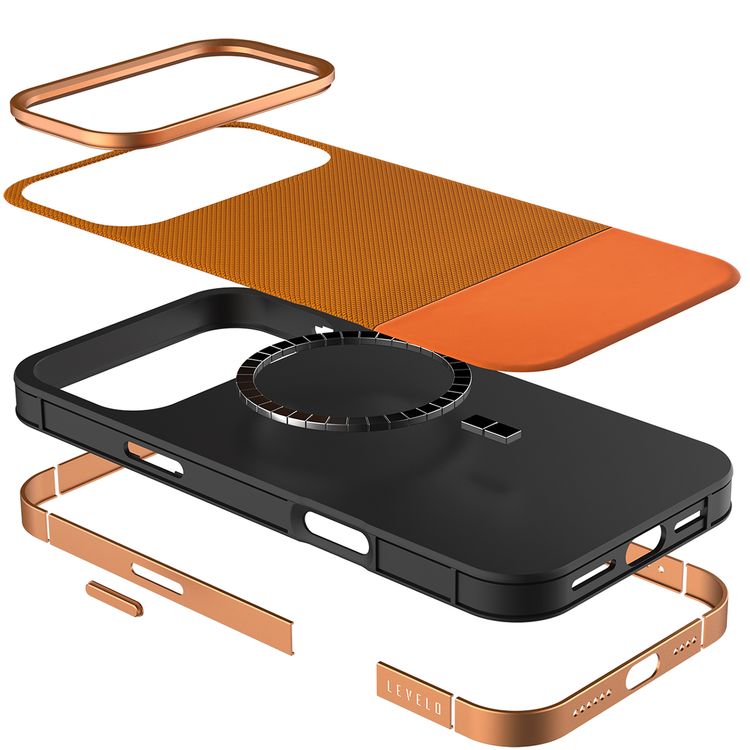 Levelo Cuir Leather Hybrid Case with Comfortable Grip for iPhone 17 Pro, Strong Magnets & MagSafe Compatible, Shock-Resistant Bumper, Aluminum Alloy Frame for Camera & Buttons, Drop-Tested - Sunrise Orange