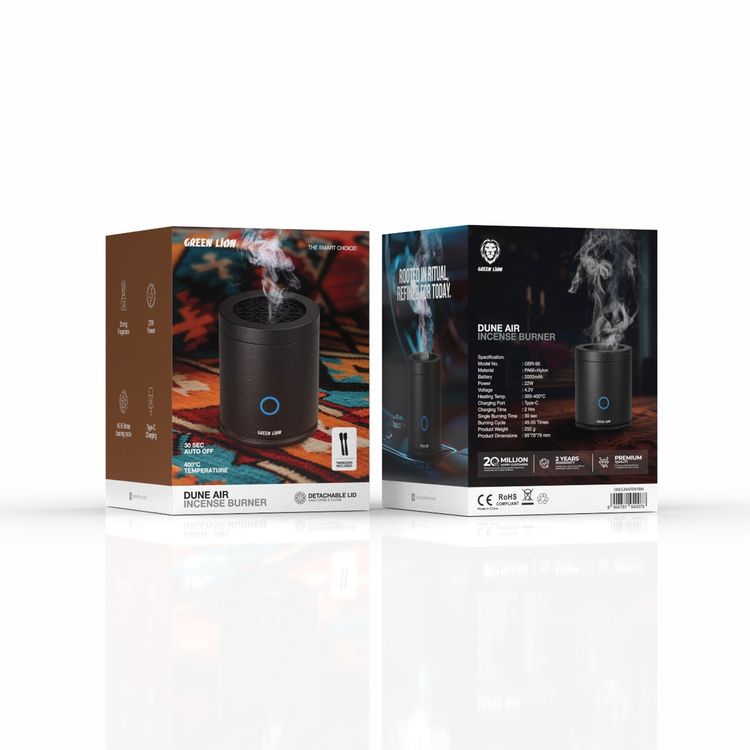 Green Lion Dune Air Incense Burner with Detachable Lid, 22W Power, USB-C Charging Port, 30 Seconds Single Burning Time, Up to 55 Burning Cycles, 300-400° C Heating Temperature, Tweezers Included, Strong Fragrance - Black