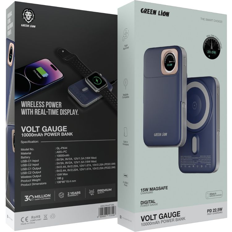 Green Lion Volt Gauge 10000mAh Power Bank with Dual USB-C Ports, ABS & PC Material, 15W Wireless Output, 22.5W Power Delivery, Flight Approved, Built-in Kickstand, Fast Charge Support - Blue