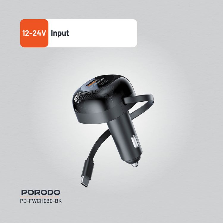 Porodo Dual Port Car Charger with 80cm Retractable Type-C Cable, Simultaneous Charging, Universal Compatibility, 47W Total Output Power - Black