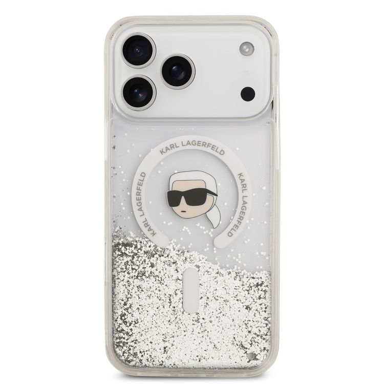 Karl Lagerfeld MagSafe Liquid Glitter Case with Karl Head for iPhone 17 Pro, Drop Protection, Easy Snap-On, Slim & Lightweight Design, Sustainable Packaging, Comfortable Grip - Transparent