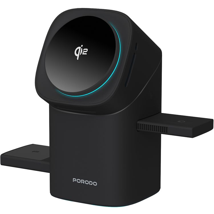 Porodo 3-in-1 Wireless Charger,  Auto Rotation, Type-C Charging Interface, Auto-Slide Modular - Black