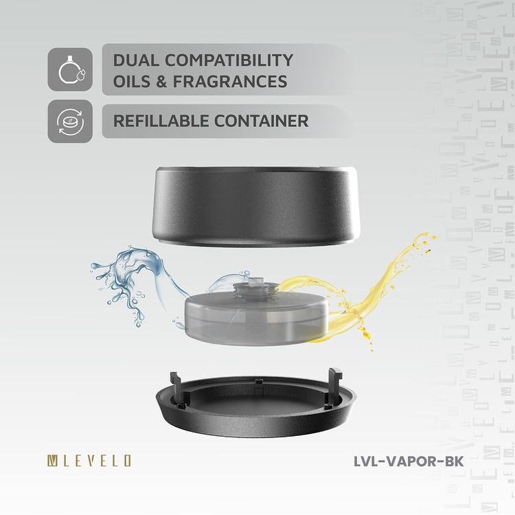 Levelo Car Aroma Diffuser Vapor, Aluminum & Plastic Material, 400mAh Battery Capacity, 9 Hours Working Time, 1 Hour Charging Time - Black