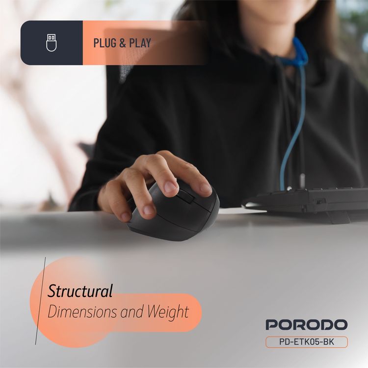 ماوس لاسلكي عمودي بدقة 4000 نقطة في البوصة من بورودو مع بطارية بسعة 500 مللي أمبير في الساعة، إصدار بلوتوث 5.1، نطاق فعال 10 أمتار، اتصال لاسلكي 2.4 جيجا هرتز، دقة قابلة للتعديل، توصيل وتشغيل، تصميم مريح - أسود