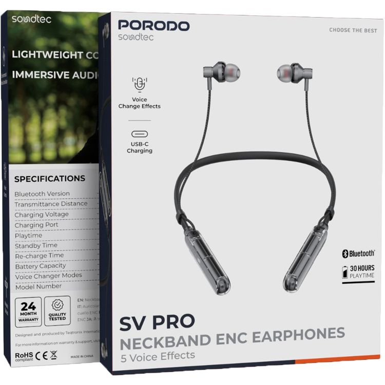 Porodo Soundtec SV Pro ENC Neckband Earphones with 5 Voice Effect Modes, 250mAh Battery Capacity, Up to 30 Hours Playtime, 2 Hours Charging Time, Type-C Charging Port, Bluetooth Version 5.3, 10m Bluetooth Range, 130 Hours Standby Time, Magnetic Earbuds, Convenient Control Buttons - Black