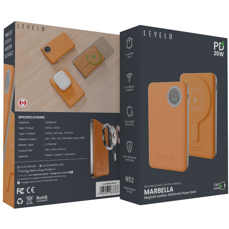 Levelo Marabella MagSafe Leather 10000mAh Power Bank with OLED Battery Status Display, N52 Magnets, 15W Wireless Charging, 20W Power Delivery, Overcurrent Protection - Orange