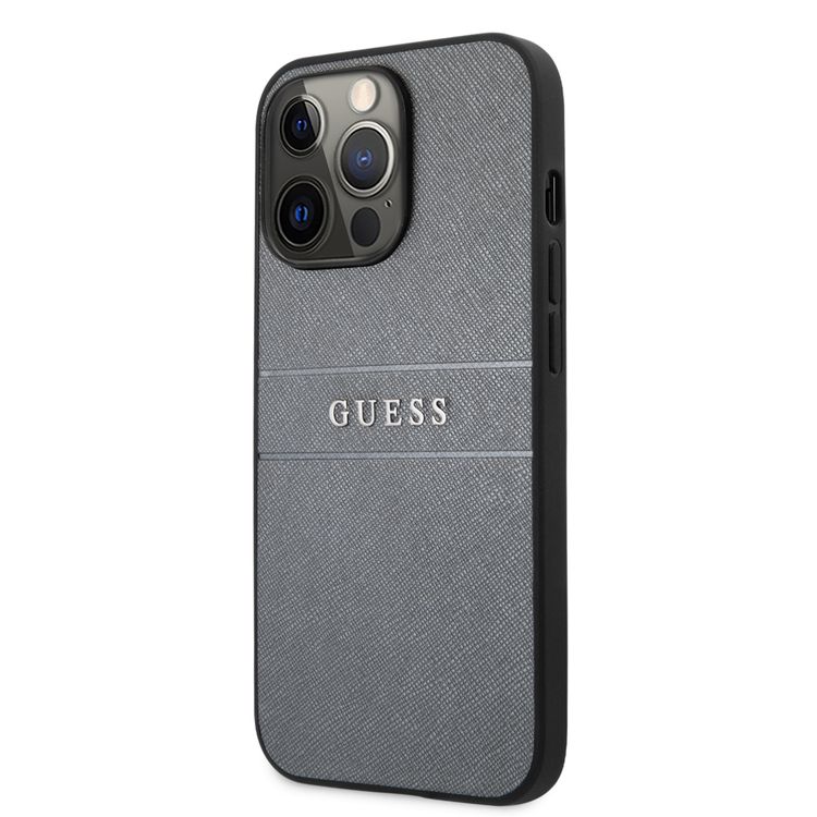 CG MOBILE Guess PU Leather Case Saffiano with Metal Logo Hot Stamp Stripes Compatible for iPhone 13 Pro (6.1") Anti-Scratch, Easy Access to All Ports