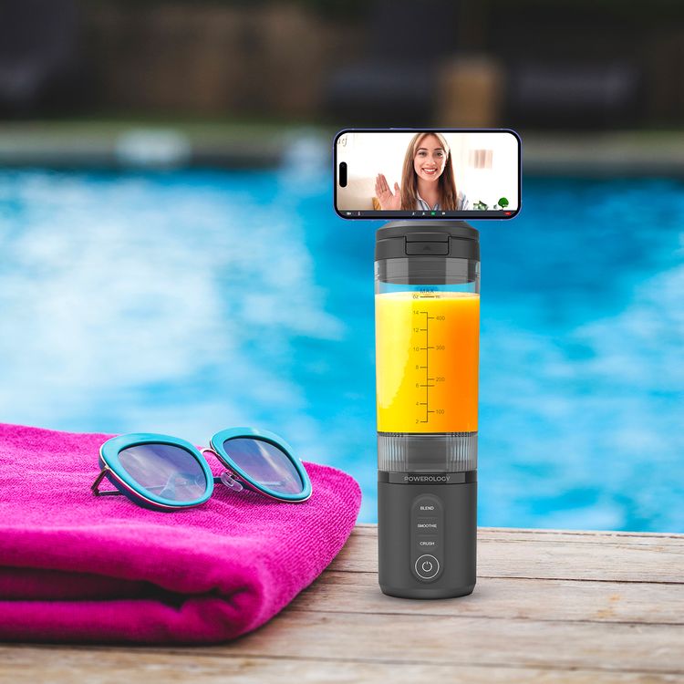 Powerology MagBlend Portable Blender with Magnetic Phone Mount, 6 Sharp Steel Blades, Powerful Ice Crushing, Multi-Mode Blending, 470mL Capacity, Fits to Car Cup Holders - Black