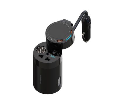 Powerology 200W Universal Car Power Inverter with LED Voltage Display, 100W Lighter Socket Output, 60cm Retractable USB-C Cable, 9-Layer Safety System, 138W Total Output, Fast Charge - Black