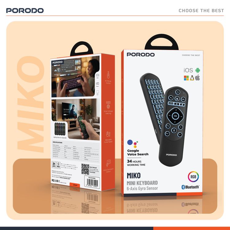 Porodo Miko Mini Keyboard with 34 Hours Working Time, 6-Axis Gyro Sensor, Google Voice Search, Air Mouse Control, Smart Infrared Learning, Adjustable Cursor Speed, Voice Command Control, Adjustable Lightning Modes, Bluetooth Version 5.2- Black