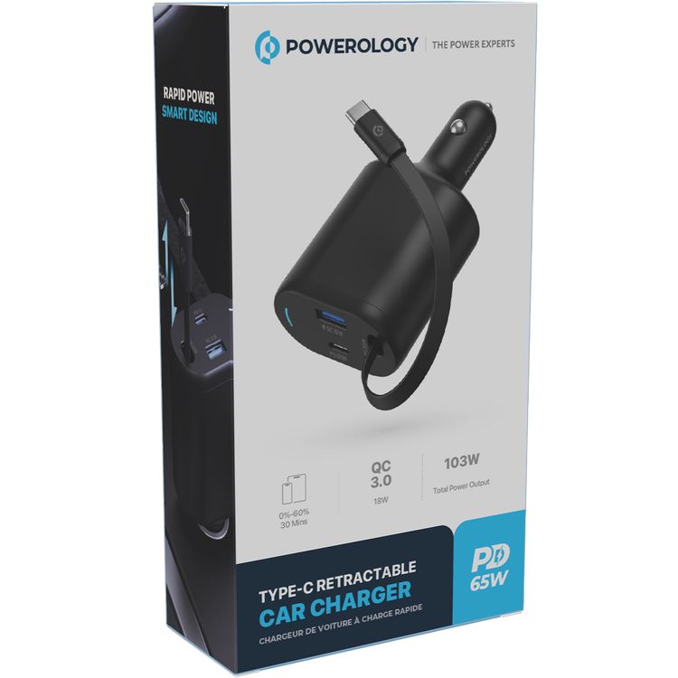 Powerology Retractable Car Charger with Simultaneous Charging, Built-In Safeguards, Patented Design, 1m Cable Length - Black 