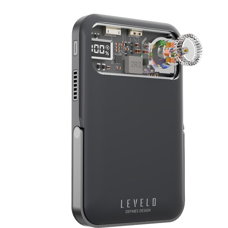 باور بانك ليفيلو أوساكا محمول بسعة 10000mAh مع شاشة LED، موزع حرارة، قدرة 20W PD، حامل مدمج، مادة بلاستيكية مطاطية - اللون الرمادي الداكن.