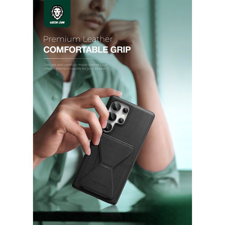 Green Lion Classio Stand Leather Case for Samsung S25 Ultra with Card Holder, Anti-Scratch, Foldable Stand, Comfortable Grip, Drop & Camera Protection - Black