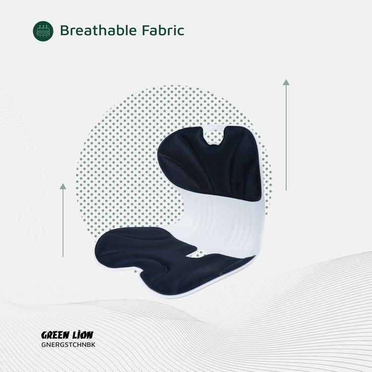 Green Lion Ergo Seat Cushion with PP, PU & Fabric Material, 150kg Max Load Capacity, Posture Correction, Lumbar Support, Elastic Backrest, Breathable Fabric, Comfortable Cushioning - Black