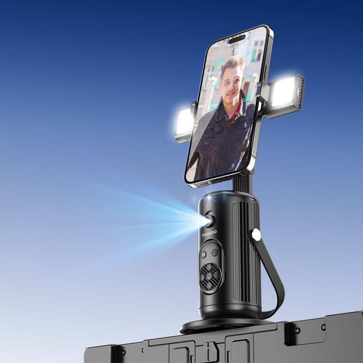 Porodo Face Tracking Smart Mount with Wireless Shutter, Detachable Fill Light, Gesture Control, Lightweight Design, 1800 mAh Battery - Black