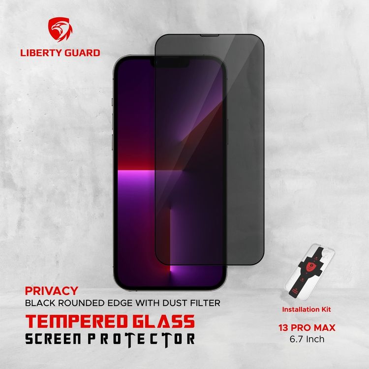 واقي شاشة كامل للخصوصية من Liberty Guard بحافة مستديرة سوداء مع فلتر غبار لهاتف iPhone 13 Pro Max