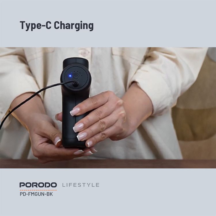 Porodo Lifestyle Precision Handheld Massager with 4 Interchangeable Heads, Up to 120 Minutes Working Time, 2 Hours Charging Time, Type-C Charging Port, 1500 mAh Battery Capacity, 15 W Rated Power, 6 Intensity Levels - Black
