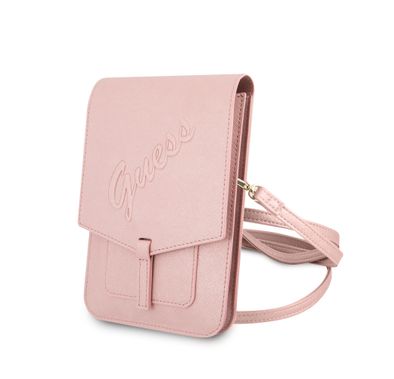 CG MOBILE Guess PU Saffiano Script Crossbody Wallet Bag with Adjustable Shoulder Strap, Portable Phone Storage Bag Suitable for Outdoor, Business, Office, School Pink
