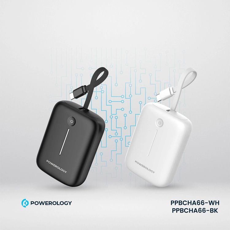 Powerology 10000mAh Power Bank with Detachable USB-C Wire, 20W Power Delivery, 3-Device Charging, Long Time Standby, Universal Phone Compatibility, Built-in Safeguards - White