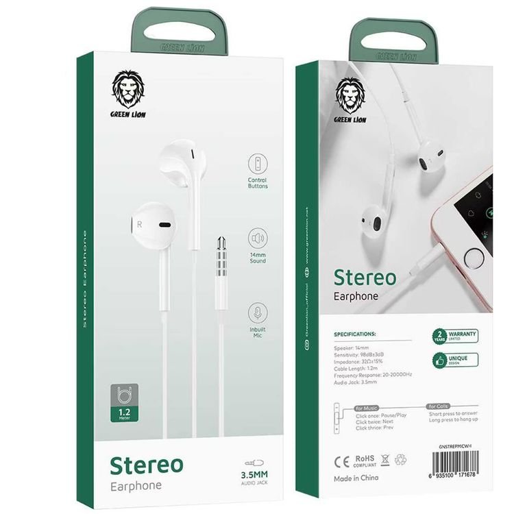 سماعات أذن استريو غرين ليون مع ميكروفون مدمج، مكبر صوت 14 مم، طول كابل 1.2 متر، مقبس صوت 3.5 مم، أزرار تحكم - أبيض