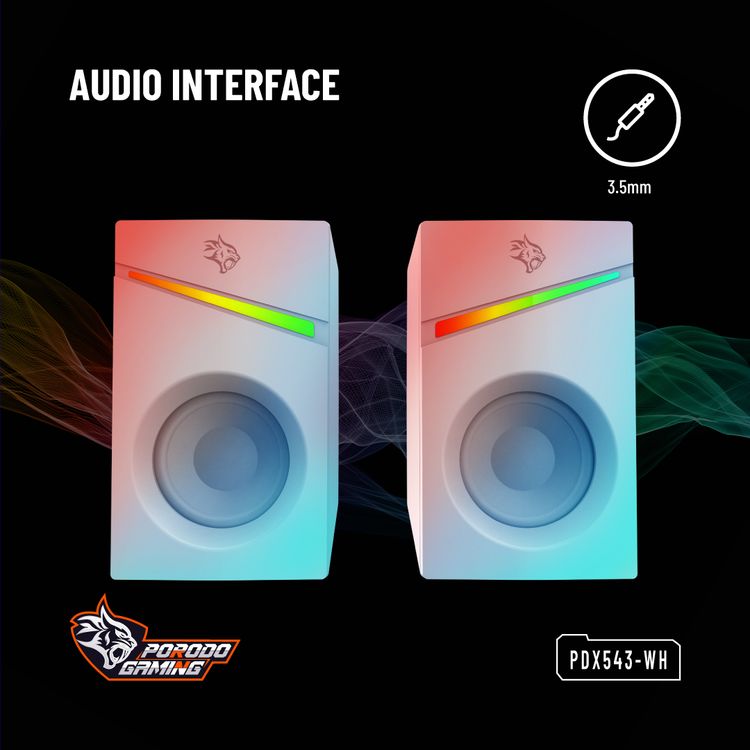  Porodo Gaming Stereo Speakers with Volume Knob Control, Broad Compatibility, Plug & Play, 6W Audio Output, 3.5mm  Audio Interface, 7 Colors Rainbow Lighting - White