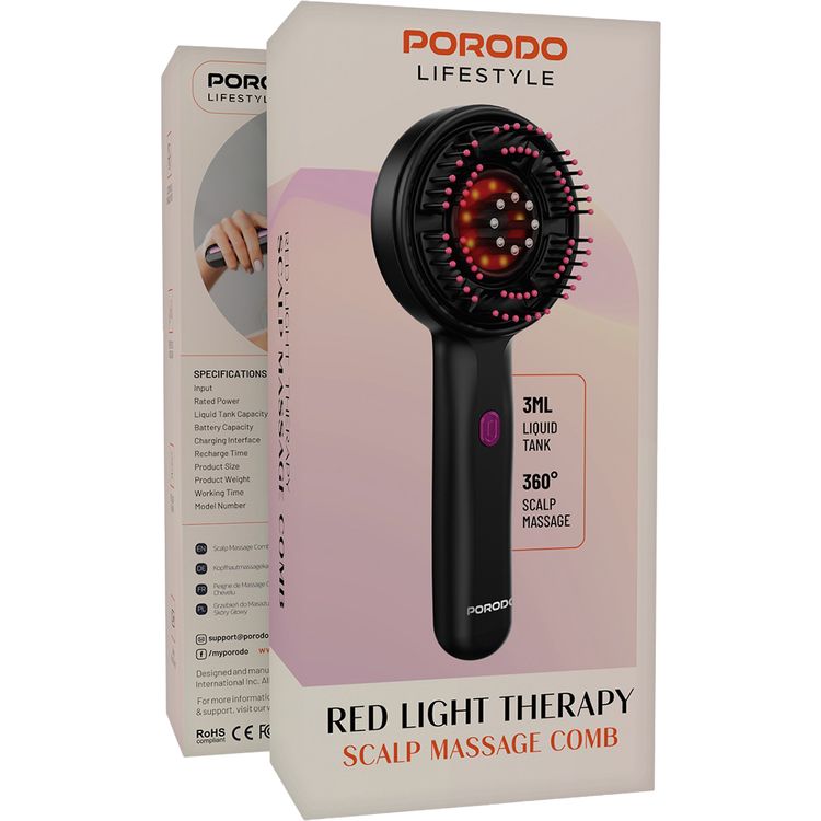 Porodo Scalp Massage Comb with  Red Light Therapy, 3mL Liquid Tank Capacity, 3 Hours Recharge Time, 1400mAh Battery Capacity, 40 Minutes Working Time, Type-C Charging Interface, 360° Scalp Massage - Black 