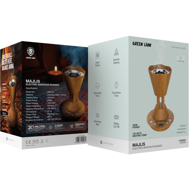 Green Lion Majlis Electric Bakhour Burner with Detachable Base, Digital Display, Countdown Timer, Ceramic Heating Base, Wood-Grain Finish, Safety Cut-Off, 15mL Oil Capacity - Wooden