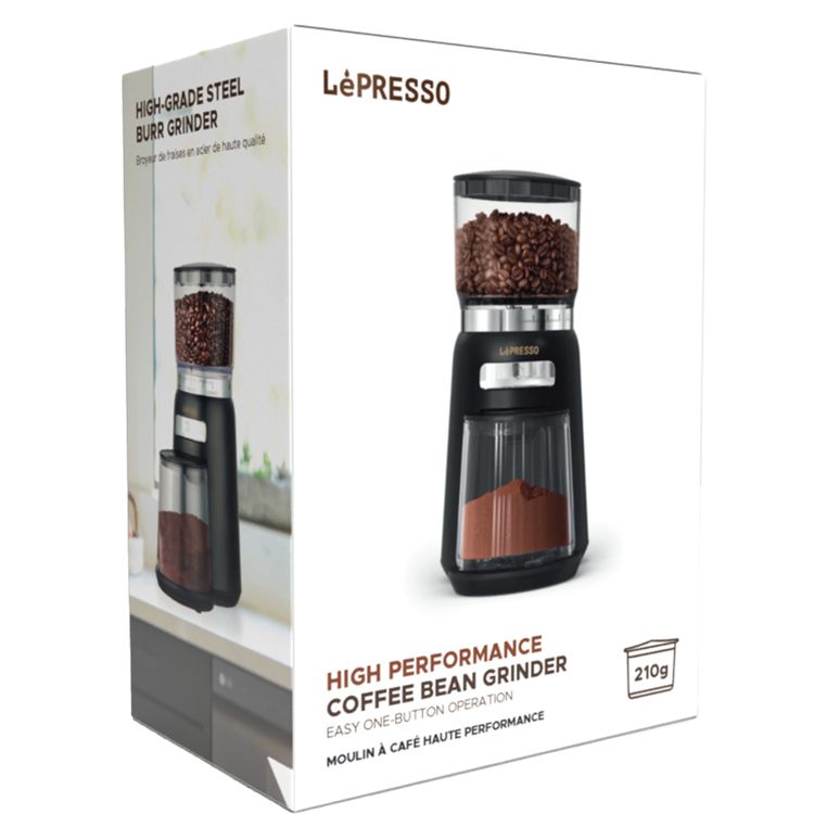 LePresso High Performance Coffee Bean Grinder with User-Friendly Design, 150W Power, Durable ABS Material, 210g Bean Box Capacity, 120g  Powder Cup Capacity - Black