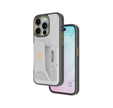 Levelo Morphix Cuero Gripstand Case for iPhone 15 Pro with Cardholder, Multi-Positioning Modes, PU Leather Material, Shock-Proof Edges - Grey