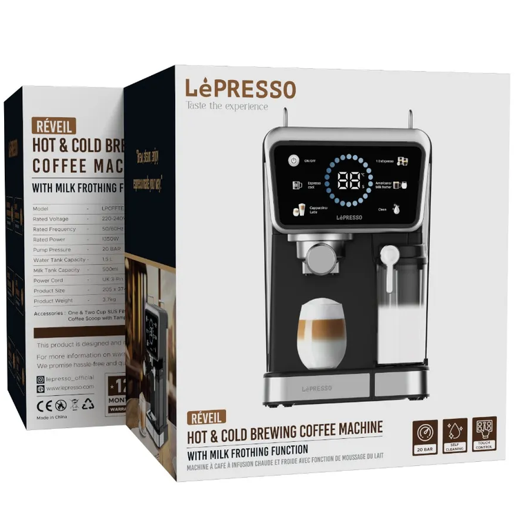 LePresso Hot & Cold Coffee Machine with Milk Frothing Function, 20Bar Pump Pressure, 1.5L Water Tank Capacity, Self Cleaning, 1350W Rated Power - Black