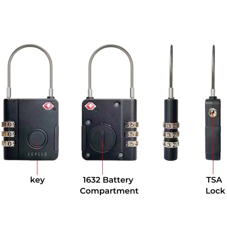  Levelo TabiLock TSA Approved Smart Luggage Lock, 120 Days Working Time, Replaceable Lithium Coin Battery, 3-Digit Combination Lock, Anti-Theft System, Steel Cable with Aluminum Alloy Finish - Black