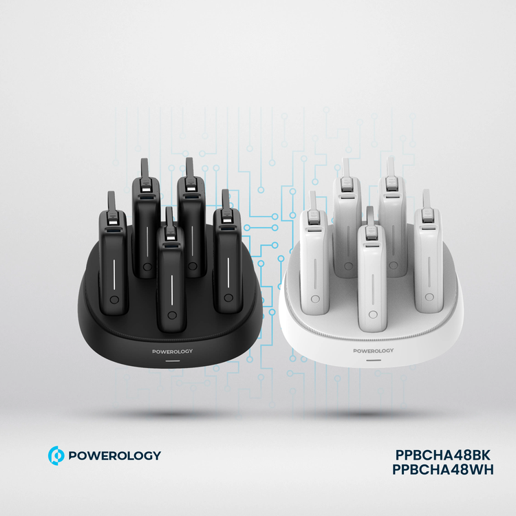 Powerology 5 x 10000mAh Power Bank Station with 50W PD, USB-A, USB-C, Type-C Built-in Cable, 12V/1A Max Contact Input, Rapid Recharging Station, High-Density Batteries, Type-C Built-in Cable, 5V/3A Total Output, Built-in Safeguards - Black