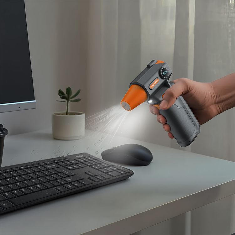 Porodo Cordless Turbo Air Duster with LED Work Light, Three‐Speed Airflow, Digital Battery Display, 160W Motor Power, 130k RPM Turbo Air Duster, Long Standby Mode, 16~26m/s Air Speed, 30Min Working Time - Black