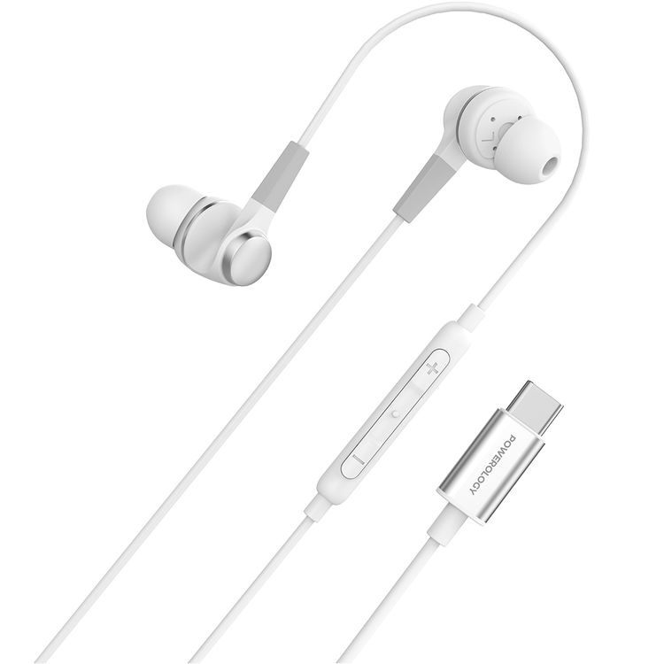 Powerology Stereo Earphones with Type-C Connection, HD Sound Quality, 5mW Power Max, 1.2m Cable Length, Button Control, Hi-Fi Audio, Crystal-Clear Audio, Lightweight & Comfortable Design - White