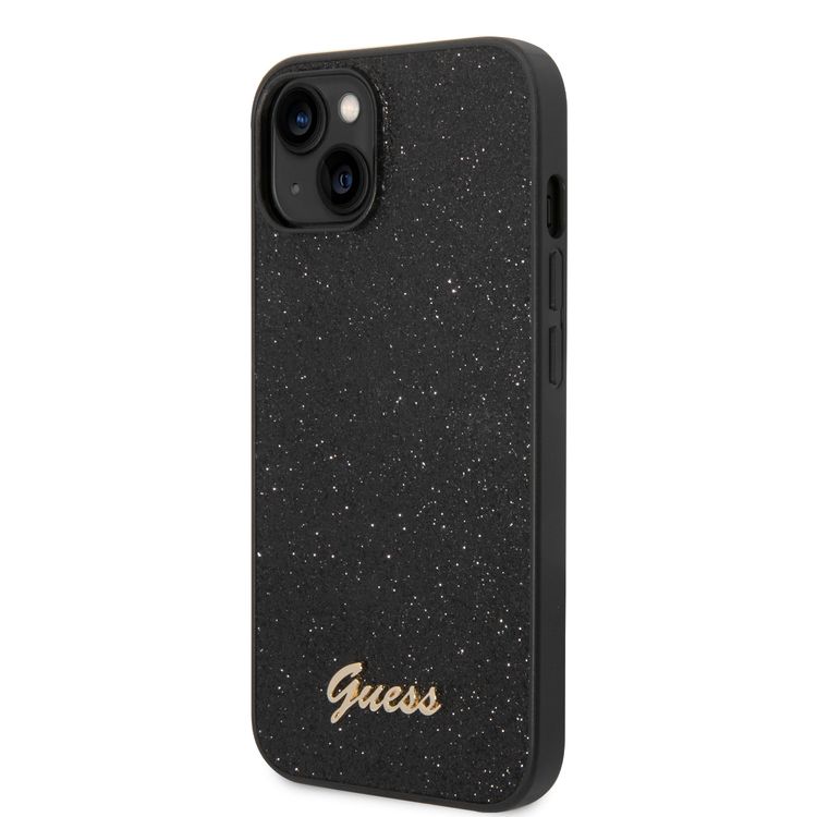 Guess PC/TPU Glitter Flakes Case with Script Metal Logo iPhone 14 Compatibility - Black