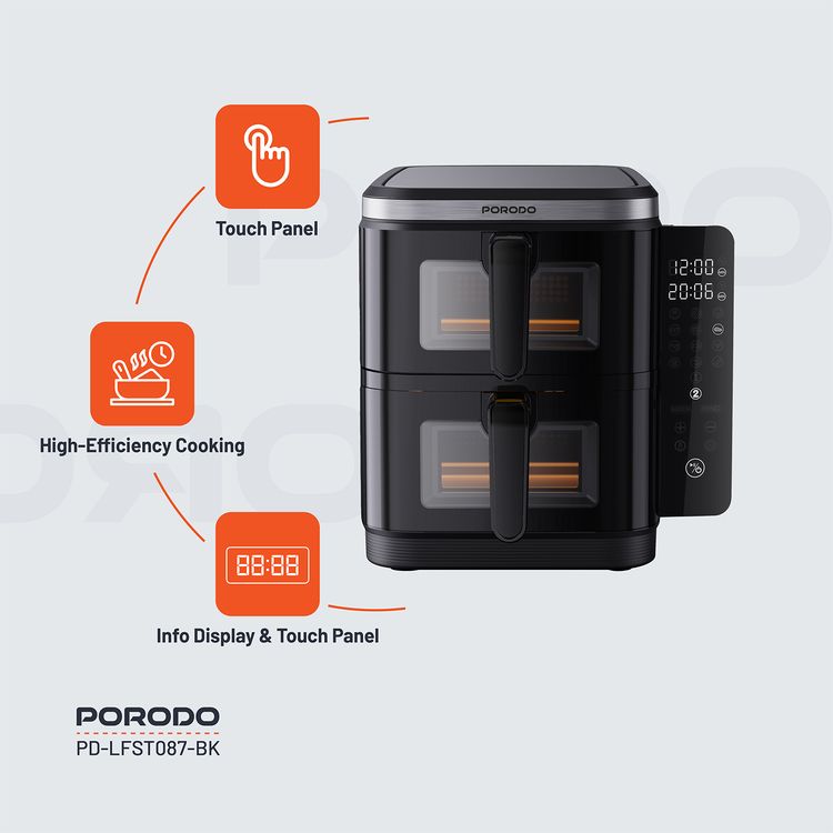 Porodo Lifestyle Double Stack Air Fryer, 11L Capacity, 2800W Power, 220-240V Voltage, 50-60Hz Frequency, 12 Presets, Touch Control - Black
