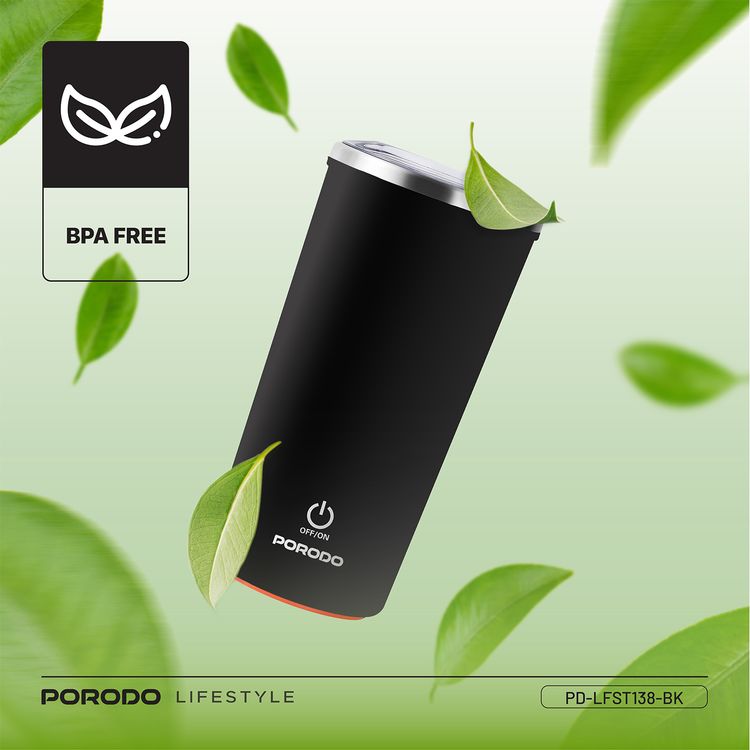 كوب بورودو لايفستايل المعزول ذو التحريك التلقائي بسعة 400 مل، قاعدة مانعة للانزلاق، سعة بطارية 300 مللي أمبير، وقت خلط 120 ثانية مع توقف تلقائي - أسود