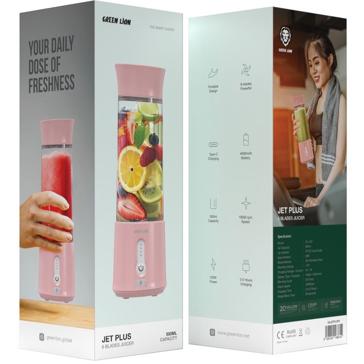Green Lion Jet Plus 6-Bladed Juicer with 18000rpm Motor Speed, 500mL Jar Capacity, 4000mAh Battery Capacity, 20 Blending Cycles per Charge - Pink