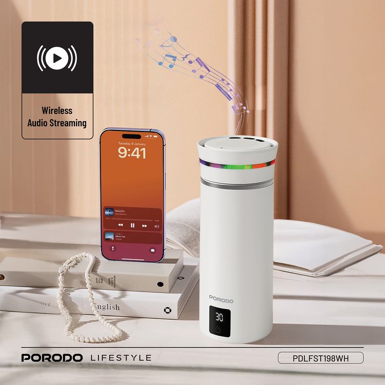 Porodo Fluxmix 350mL Stirring Cup with Speaker, LED Temperature Display, 200 Cycles Blender Battery Life, 2 Hours Speaker Battery Life, 5W Speaker Power, Bluetooth Version 5.3, 155mAh Blender Battery Capacity, 600mAh Speaker Battery Capacity, Touch Control, 304 Stainless Steel Material - White