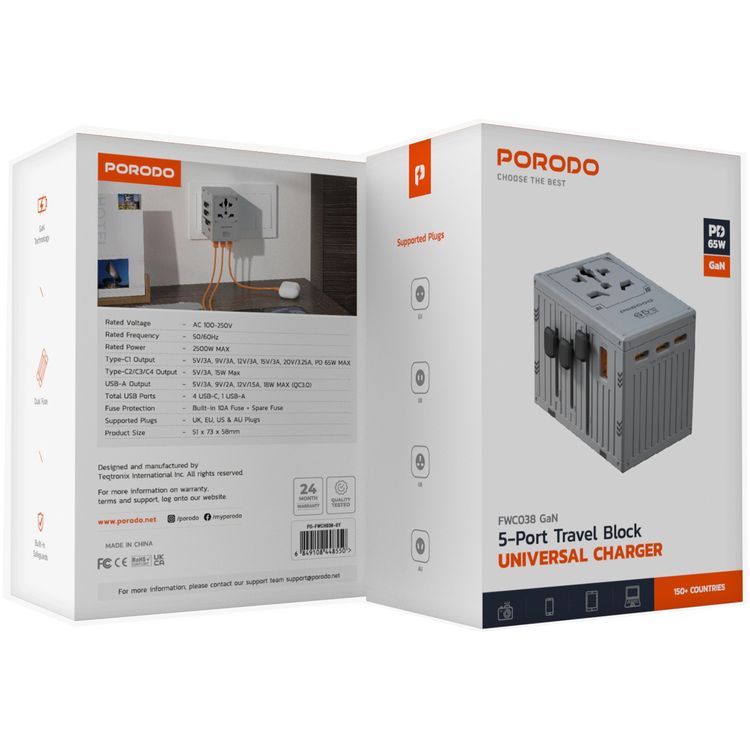 شاحن سفر عالمي من Porodo، صمام أمان مزدوج، PD 65 وات، 4 منافذ USB-C و1 منفذ USB-A، يدعم المقابس في المملكة المتحدة والاتحاد الأوروبي والولايات المتحدة وأستراليا، تقنية GaN