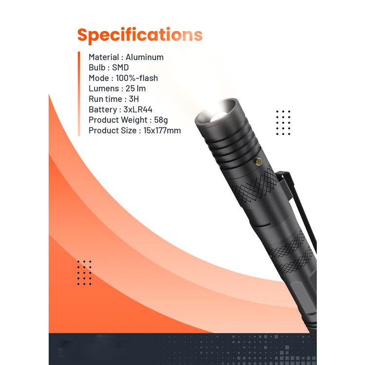 Porodo LifeStyle Multi-Function Tactical Pen 6-in-1 with SMD Bulb, Flashlight, Holder, Pen, Whistle, Bottle Opener and Safety Hammer, 25 Lumens, 3 Hours Working Time - Black