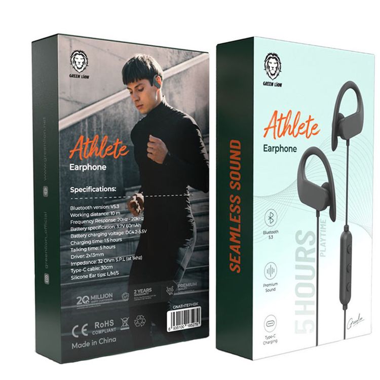 Green Lion Athlete Earphones with Premium Sound, 3 Sizes Silicone Ear Tips, Premium Sound, 10m Working Distance, 1.5 Hours Charging Time, 5 Hours Talking Time, 13mm Driver Size, Lightweight Design - Black