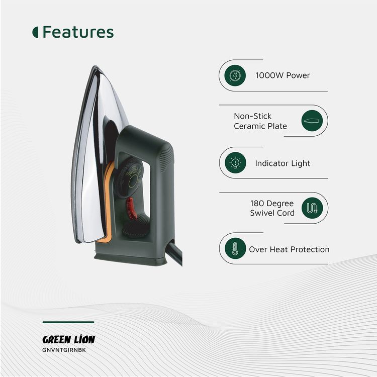 Green Lion Vintage Iron with 1000W Rated Power, Adjustable Thermostat, Indicator Light, Dry Function, Non-Stick Sole Plate, Overheat Protection - Black / Silver