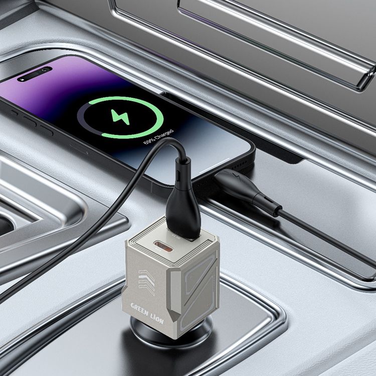 Green Lion Dual Volt Car Charger with PD 30W, QC 30W, USB-A & USB-C Ports, 60W Total Output, Heat Dissipation, Charging Protection - Titanium