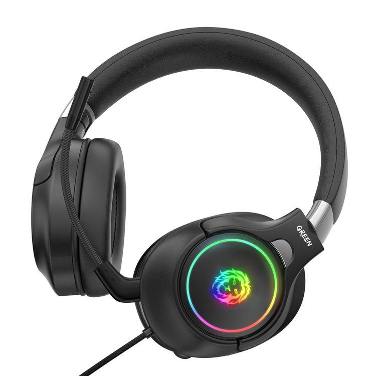 Green Lion K10 RGB Lighting Professional Gaming Headphones with Noise-Cancelling & Microphone, 3.5mm Headphone Jack, Adjustable Steel Slider, Padded Headband